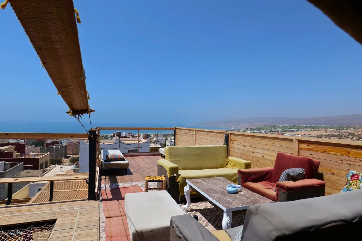 Rooftop sofas facing the sea