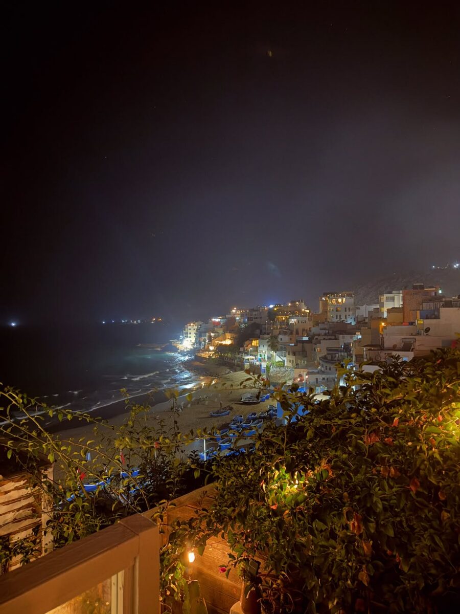 Lights along the Moroccan coastline after dark